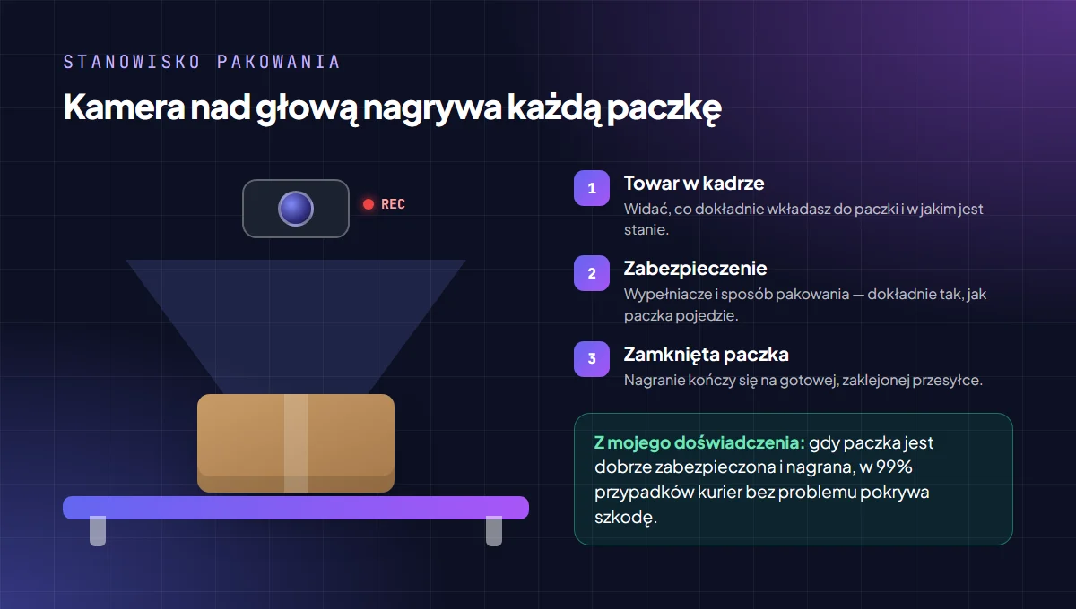 Stanowisko pakowania z kamerą zawieszoną nad stołem — nagranie pokazuje towar, sposób zabezpieczenia i zamkniętą paczkę